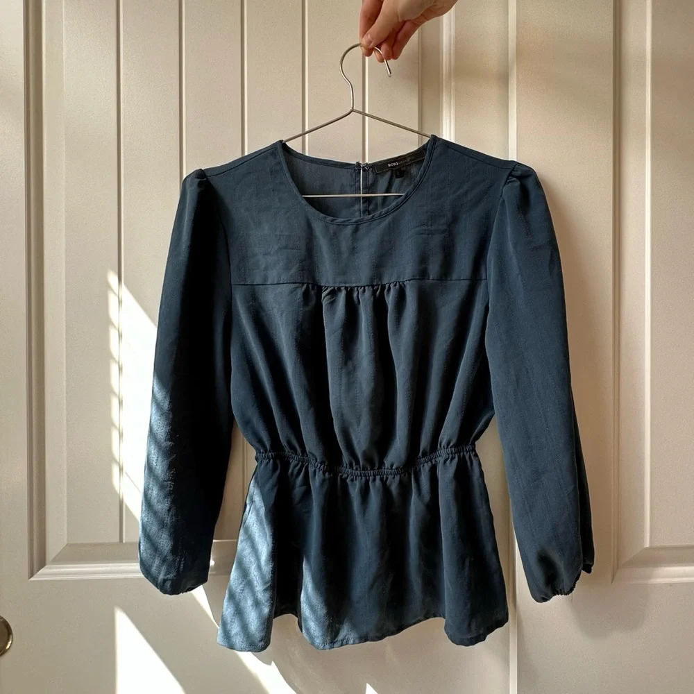 BCBG Max Azria Turquoise Peplum Puff Sleeve Top - Picture 3 of 3